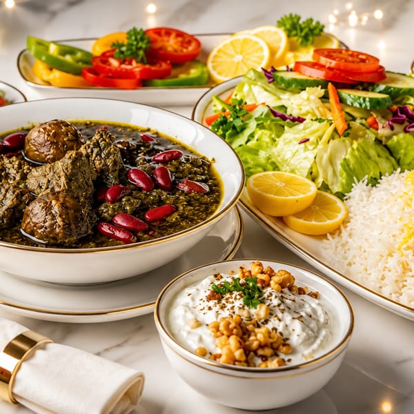 A Persian feast with Ghormeh Sabzi, rice, salads, and yogurt dip on a marble table.