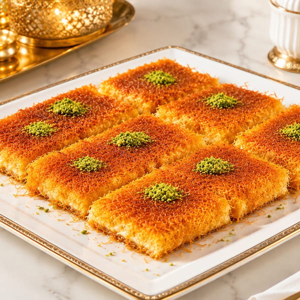 Six rectangular pieces of golden kunafa dessert topped with green pistachios on a white and gold platter.