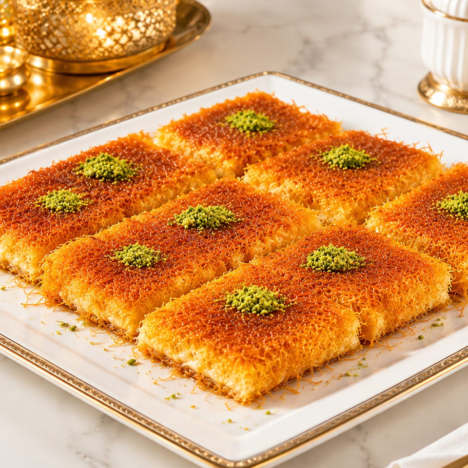 Six rectangular pieces of golden kunafa dessert topped with green pistachios on a white and gold platter.