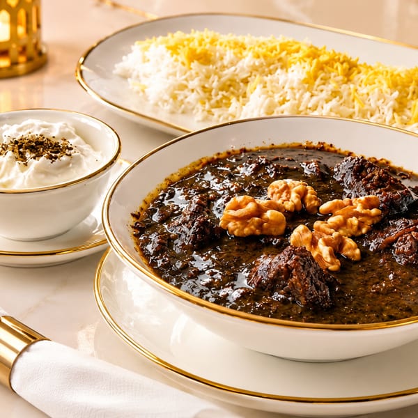 Persian Fesenjan stew with walnuts, rice, and yogurt, served on a white and gold table.