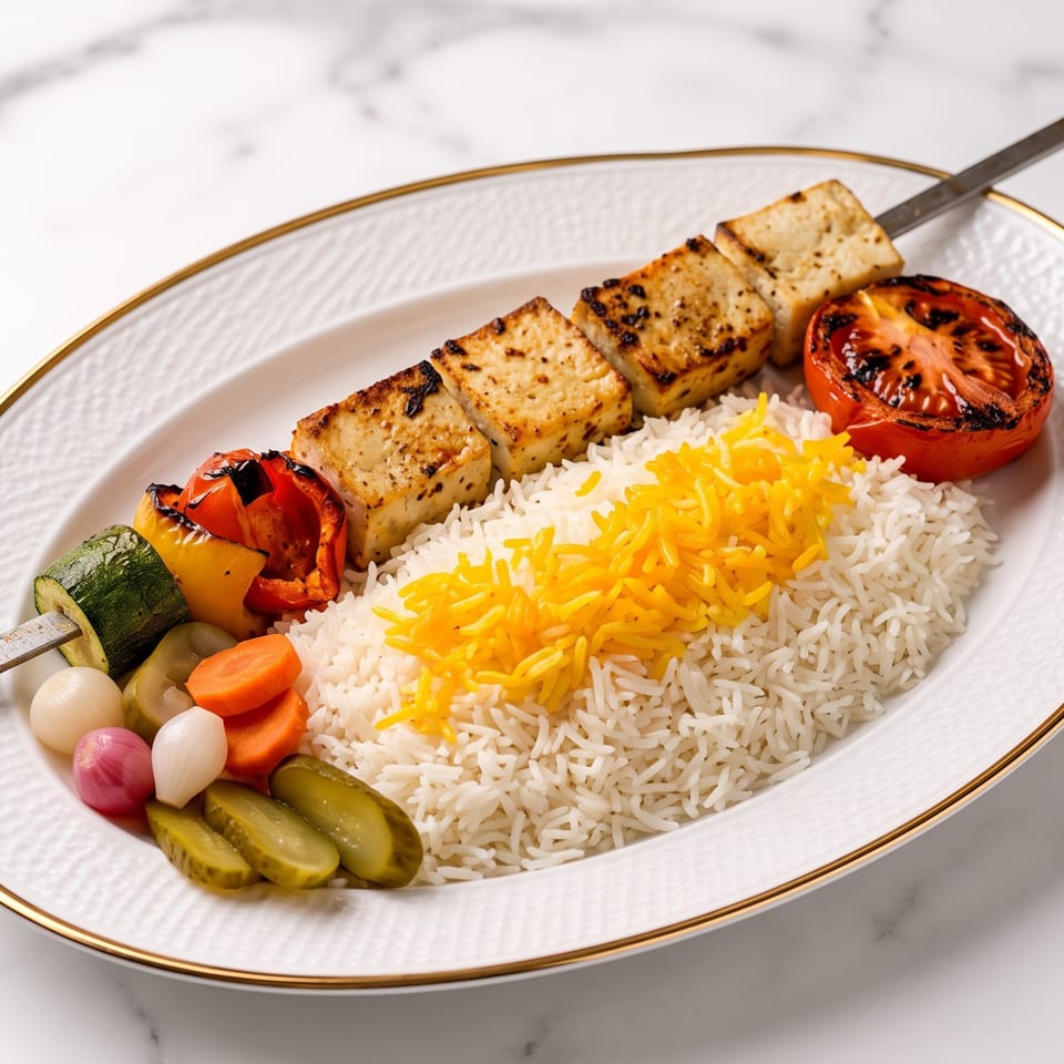 Grilled tofu and vegetable skewer with white and saffron rice, roasted tomato, and pickled vegetables.