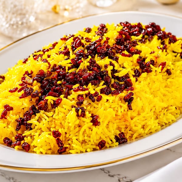 Golden saffron rice with vibrant red barberries on an elegant white and gold platter.