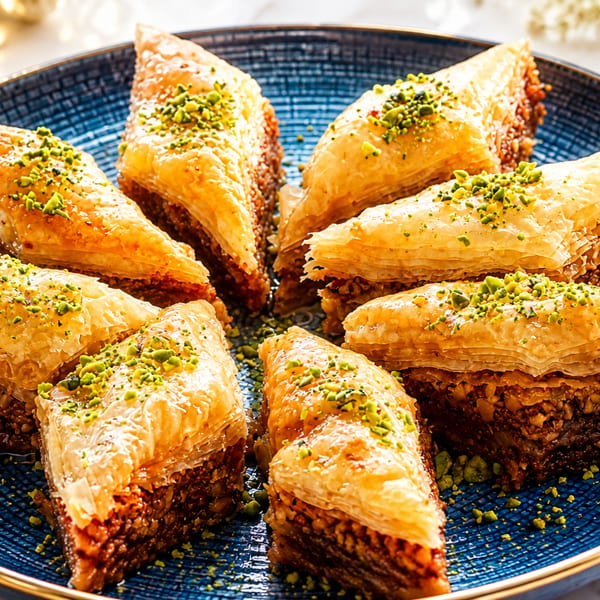 Triangular baklava pieces with pistachio sprinkles arranged on a blue plate.