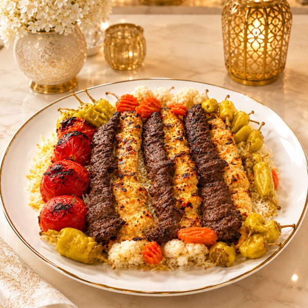 Platter of grilled chicken and beef kebabs, rice, roasted tomatoes, and peppers, with candles.